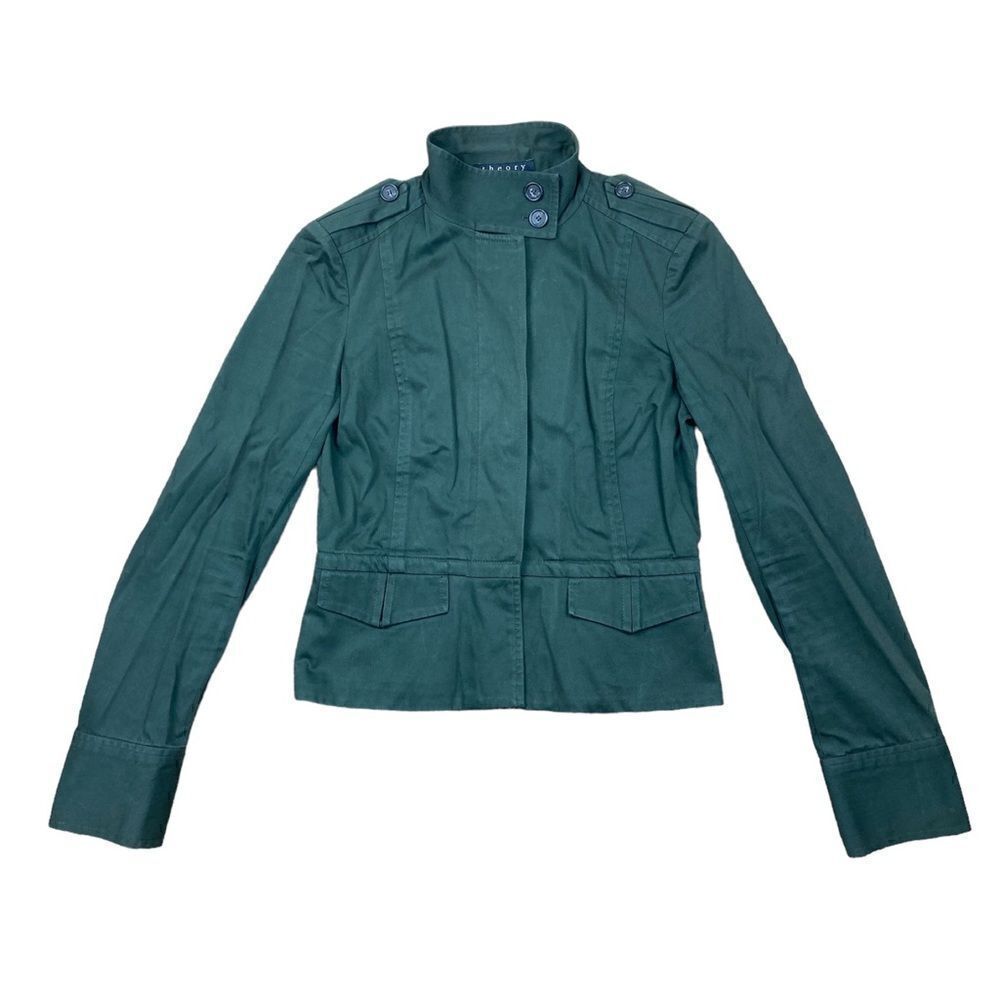 Theory Green Military-Style Fitted Blazer with Piping Detail